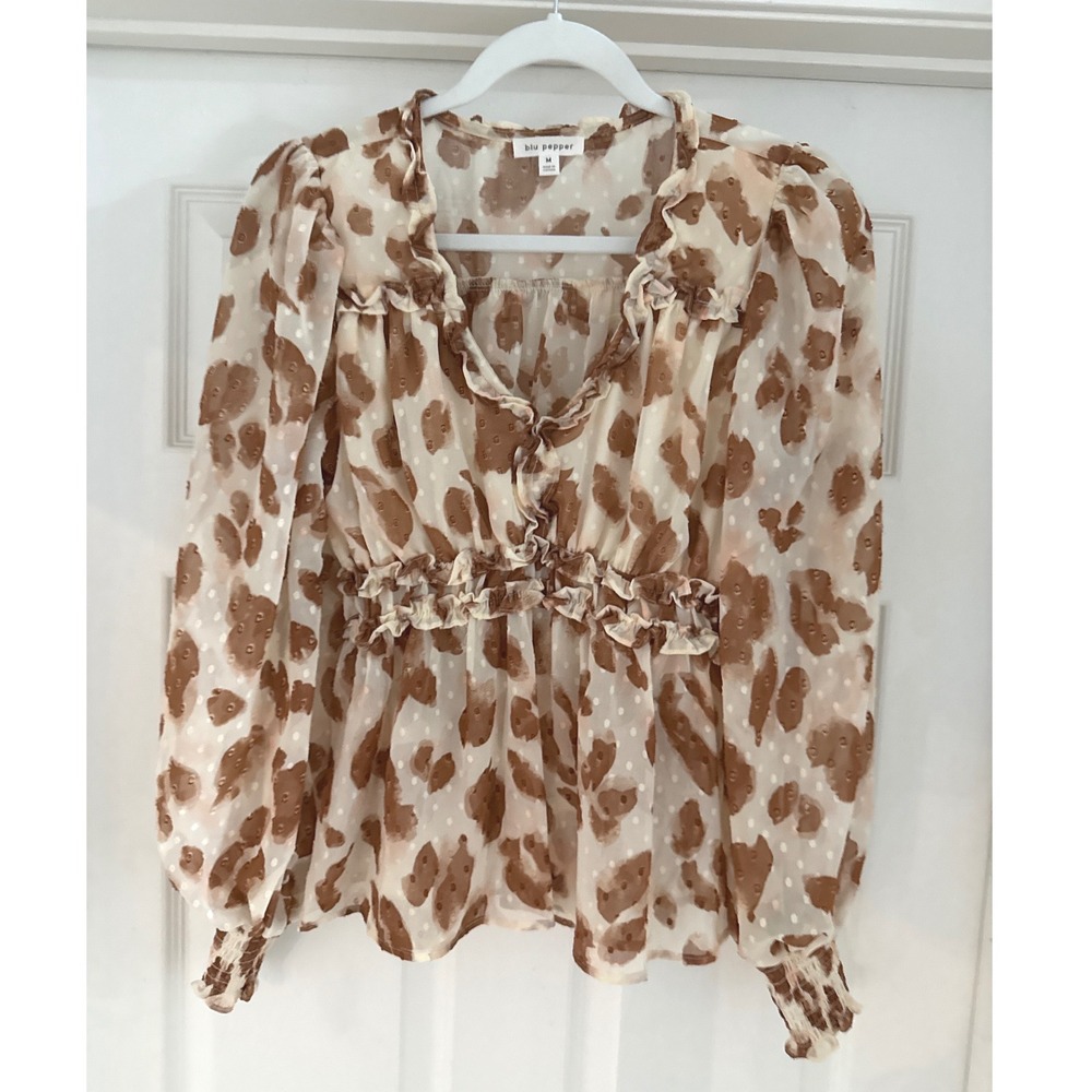 Blu Pepper Womens Boho Animal Peasant Blouse Puff Long Sleeves M Brown Swiss Dot